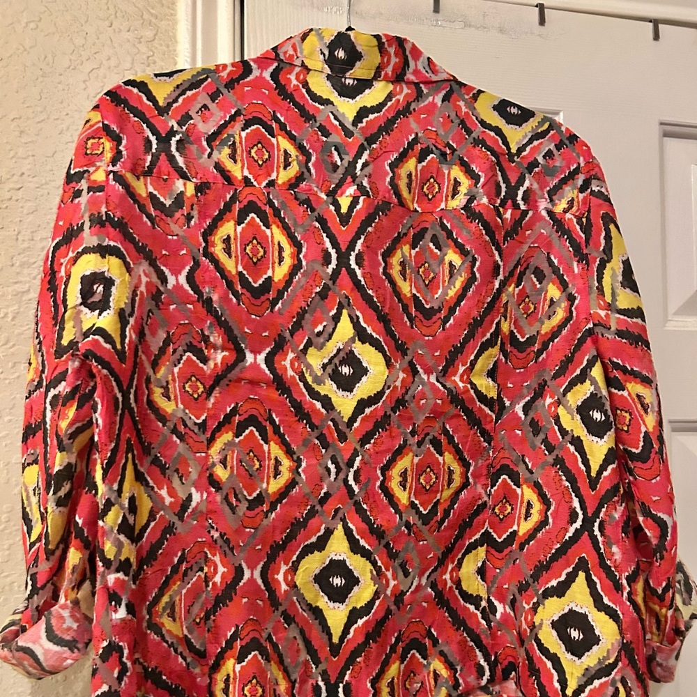 Ruby Rd. Red Yellow Black Ikat Button-Front Blouse - Picture 3 of 7